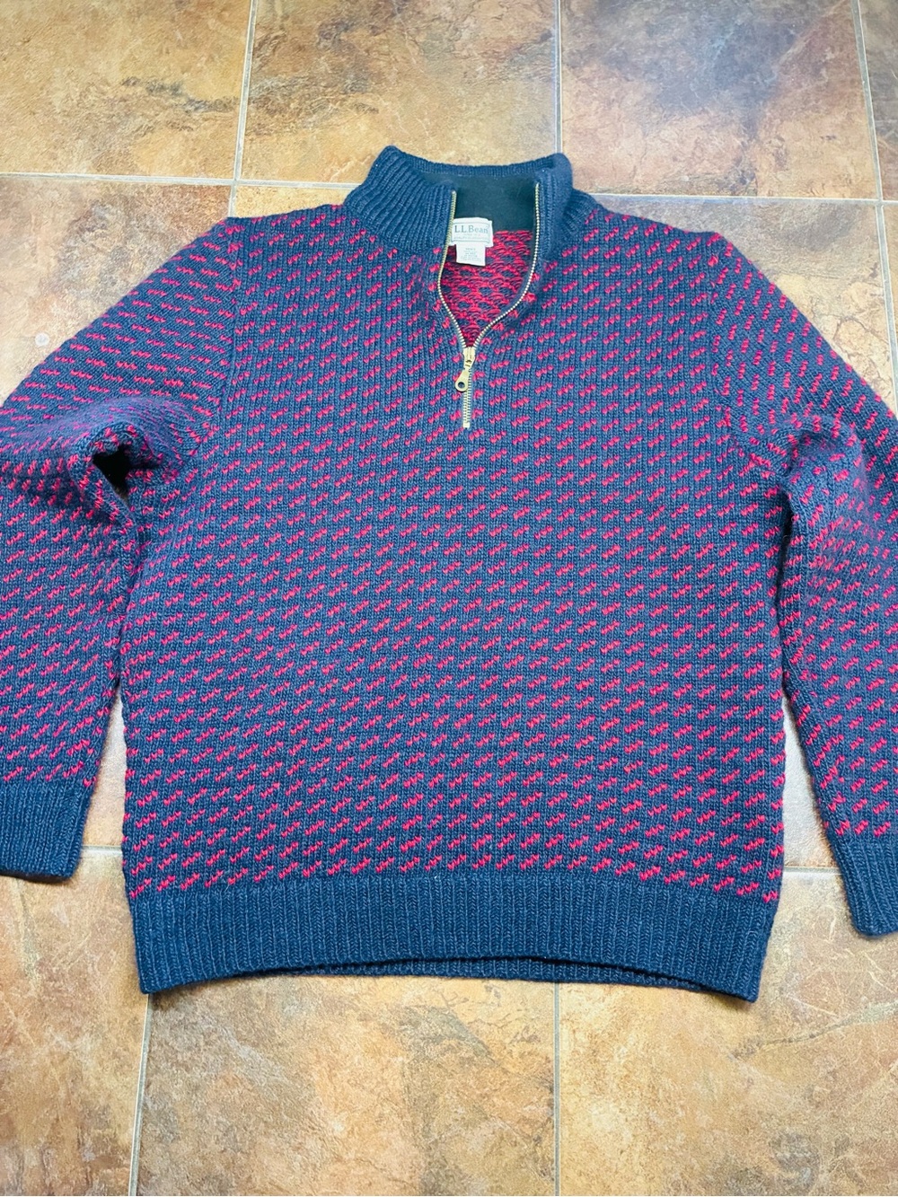 L.L. Bean Norway Made Navy and Red Zip-Neck Knit Sweater